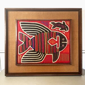 MCM Framed Kuna Mola Textile Art Fish Shadow Box Wood Burlap Wall Decor 60s 70s